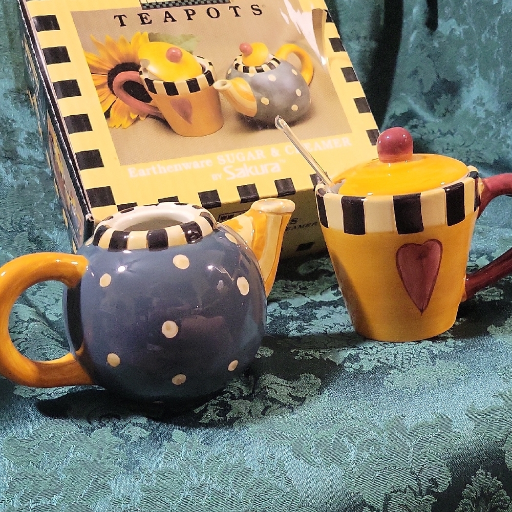 Sakura Polka Dot and Heart Teapot Set, Creamer And Sugar, NIB
